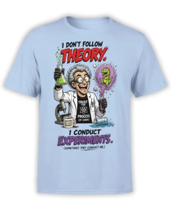 Light blue scientist T-shirt with chaotic experiments, microscope, dinosaur, and bold comic-style lettering