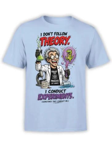 Light blue scientist T-shirt with chaotic experiments, microscope, dinosaur, and bold comic-style lettering