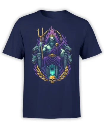 Navy mythology T-shirt featuring a crowned underworld ruler with a trident, wolf guardians, skulls, and purple flames