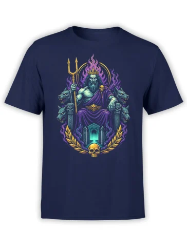 Navy mythology T-shirt featuring a crowned underworld ruler with a trident, wolf guardians, skulls, and purple flames