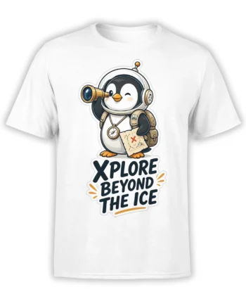 White penguin explorer T-shirt with telescope, compass, map, backpack, and “XPLORE BEYOND THE ICE” design