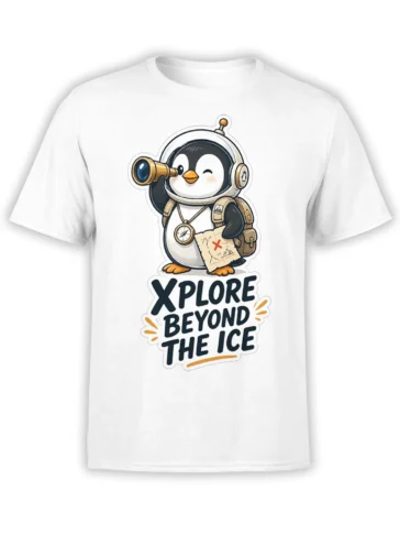 White penguin explorer T-shirt with telescope, compass, map, backpack, and “XPLORE BEYOND THE ICE” design