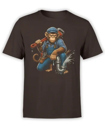 Brown T-shirt with a serious monkey plumber holding a wrench beside a leaking silver pipe