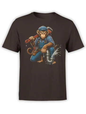 Brown T-shirt with a serious monkey plumber holding a wrench beside a leaking silver pipe
