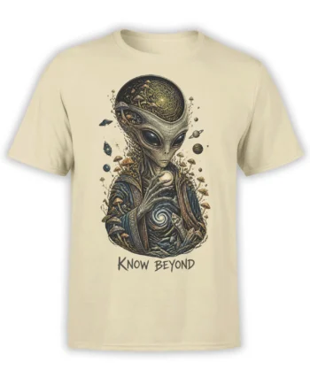 Beige alien t-shirt featuring a mystical extraterrestrial surrounded by mushrooms, planets, and the words Know Beyond