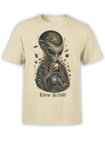 Beige alien t-shirt featuring a mystical extraterrestrial surrounded by mushrooms, planets, and the words Know Beyond