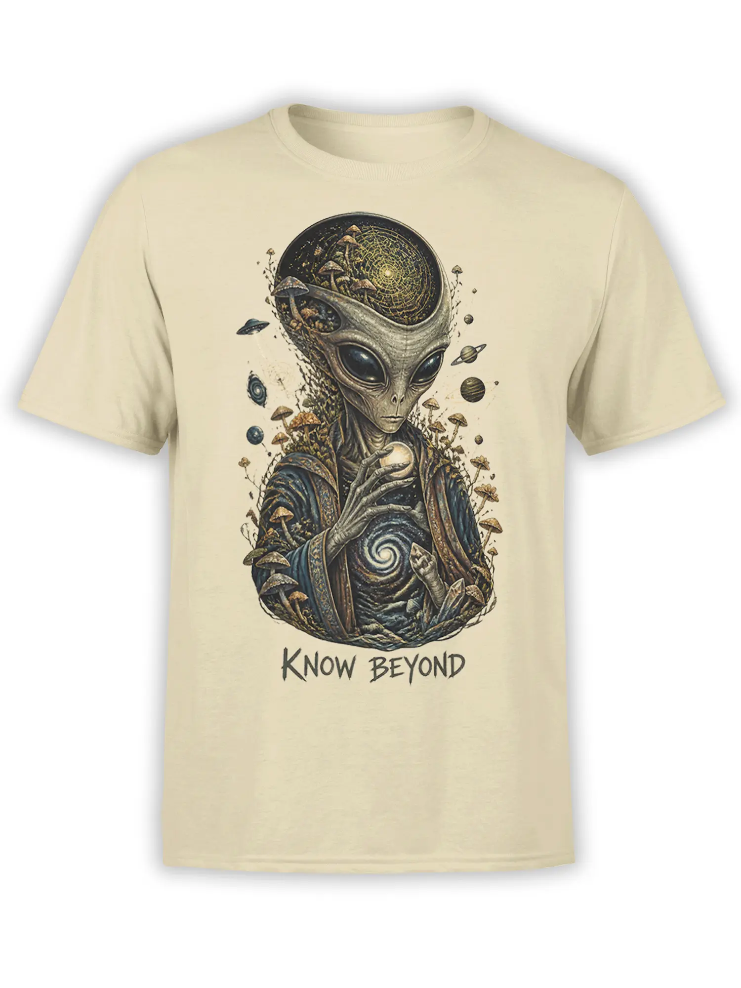 Beige alien t-shirt featuring a mystical extraterrestrial surrounded by mushrooms, planets, and the words Know Beyond