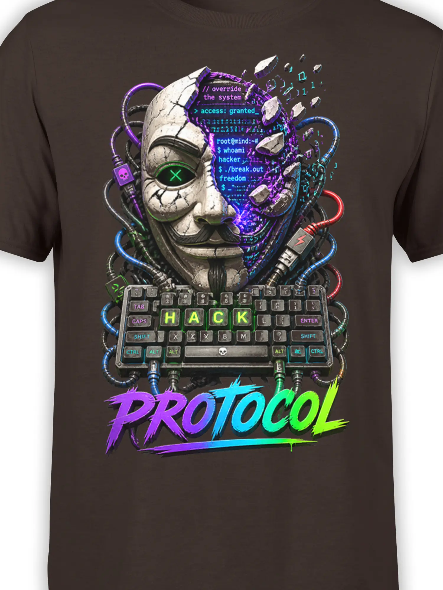 Close-up of cyberpunk hacker artwork with a cracked cyborg face, terminal commands, cables, and neon keyboard details