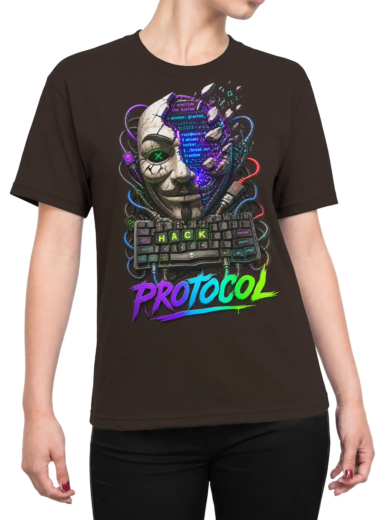 Female torso wearing a brown hacker T-shirt with a glowing cyborg face, computer keyboard, and neon PROTOCOL graphic