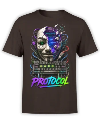 Brown hacker T-shirt with a cracked cyborg face, glowing code, HACK keyboard, and neon PROTOCOL lettering