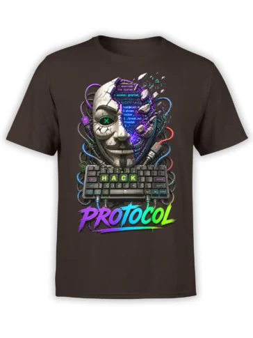 Brown hacker T-shirt with a cracked cyborg face, glowing code, HACK keyboard, and neon PROTOCOL lettering