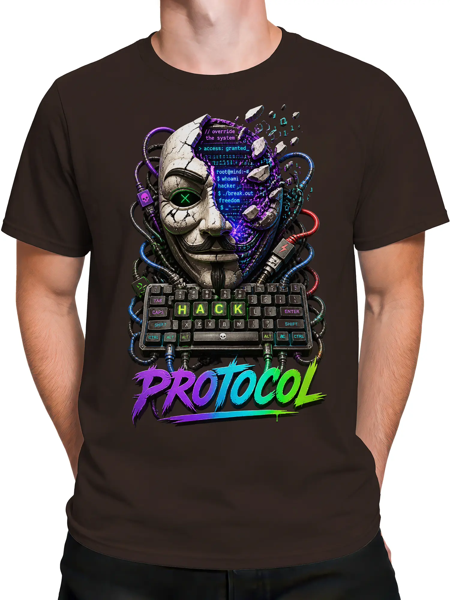 Male torso wearing a brown cyberpunk hacker T-shirt with glowing code, HACK keyboard, and neon PROTOCOL artwork