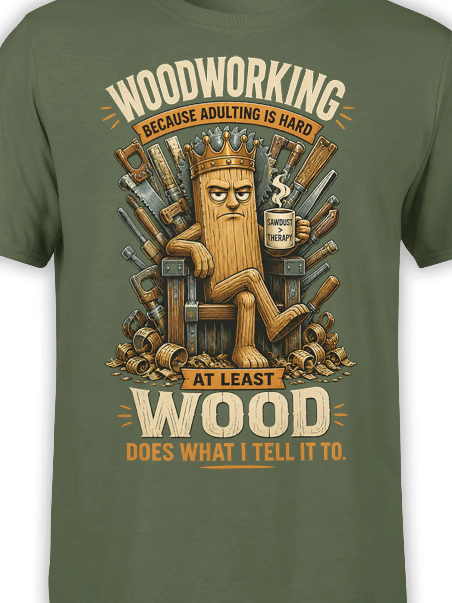 Close-up of the crowned wooden woodworking character, tools, sawdust, and retro lettering on a green shirt