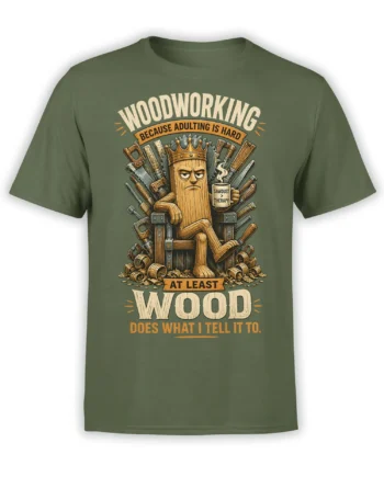 Green woodworking T-shirt with a crowned wooden character, hand tools, sawdust, and vintage workshop lettering
