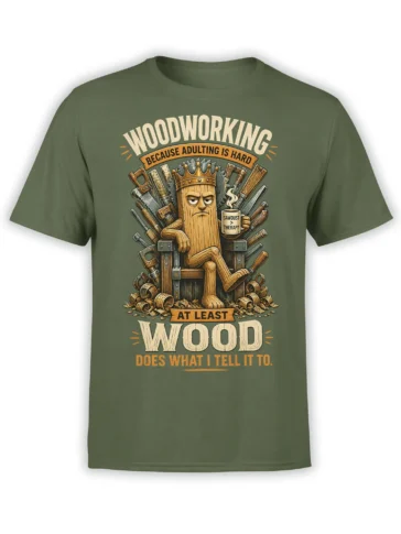 Green woodworking T-shirt with a crowned wooden character, hand tools, sawdust, and vintage workshop lettering