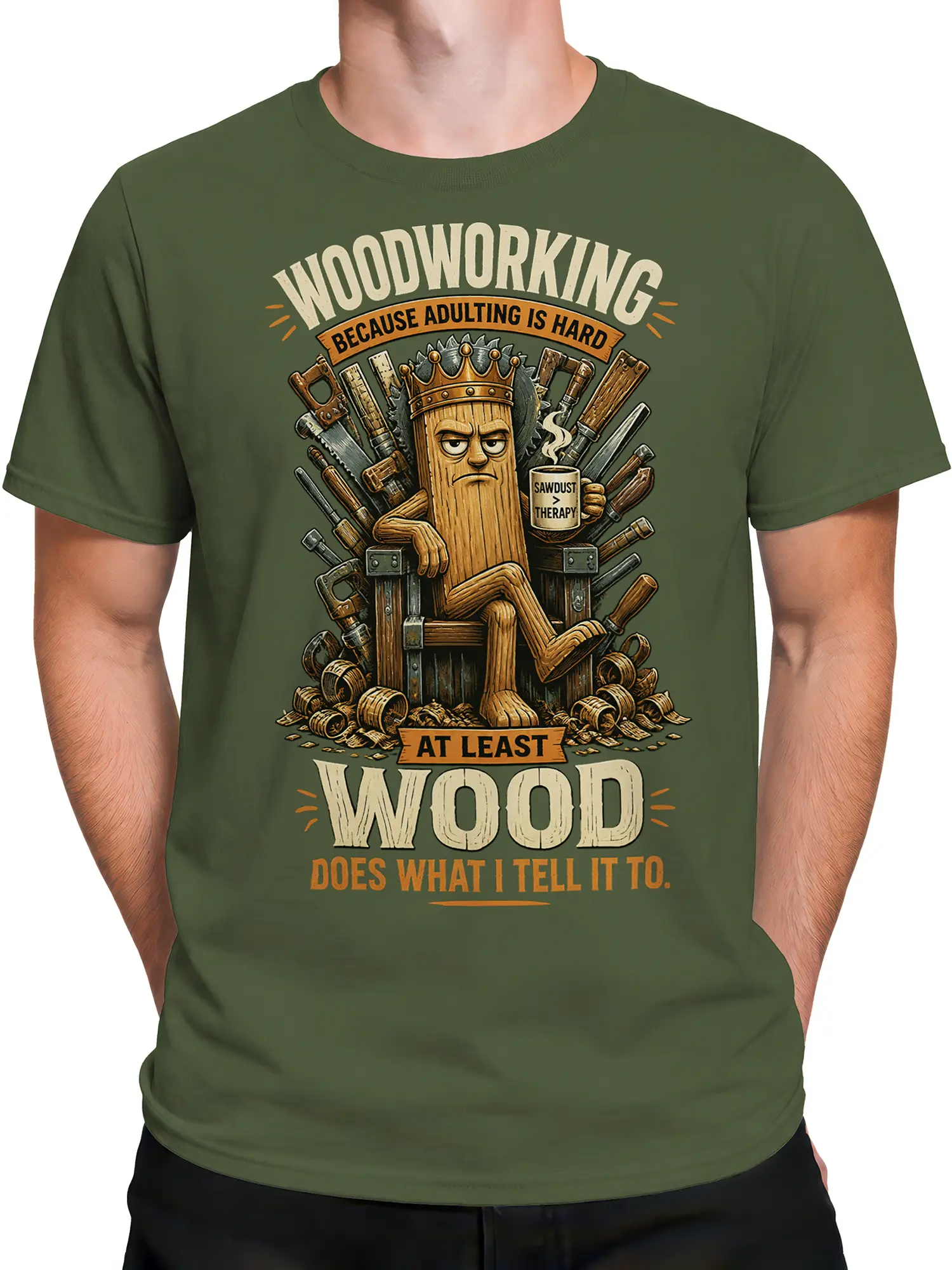 Male torso wearing a green woodworking shirt with vintage tools, wooden character, and workshop humor