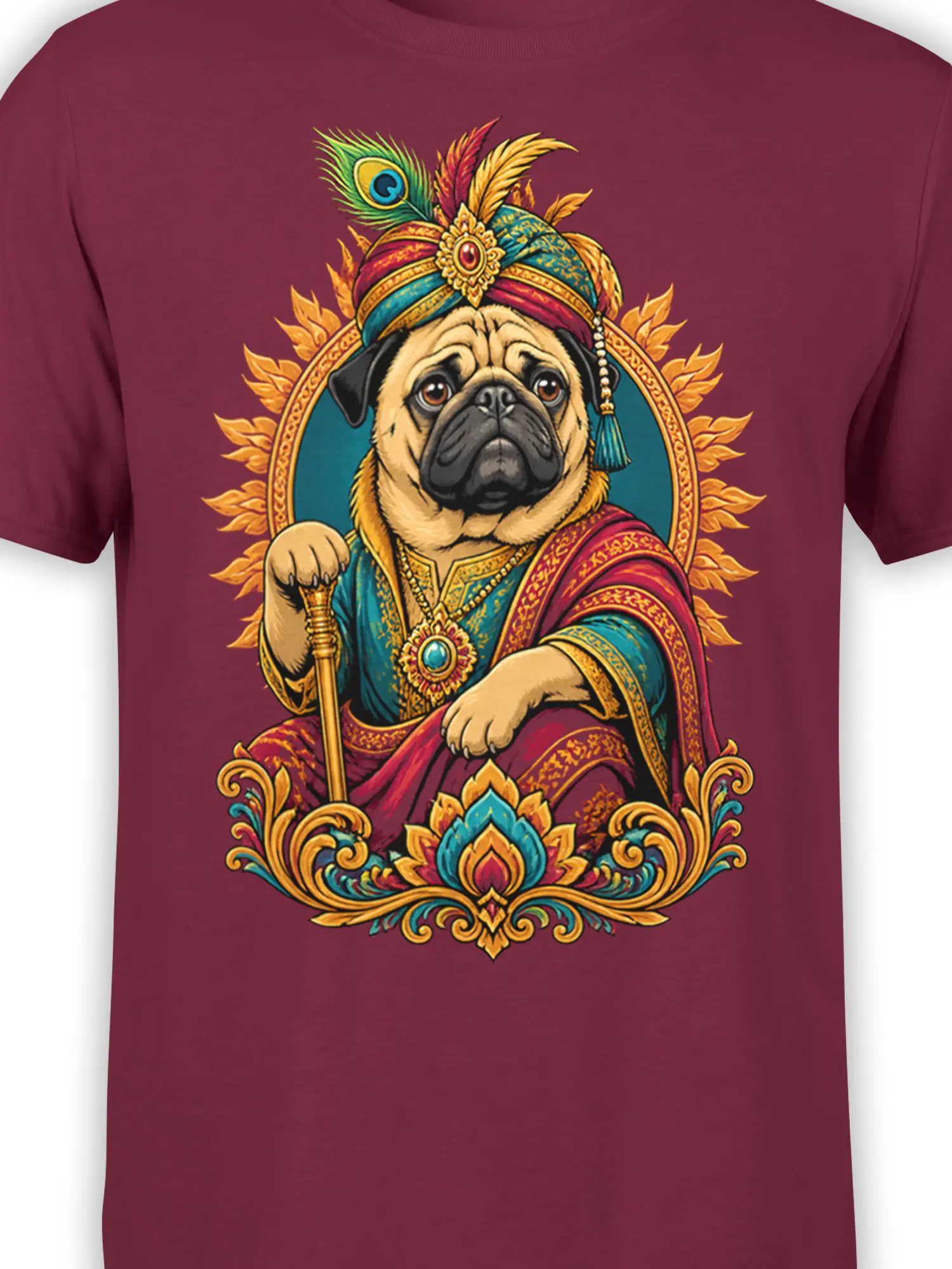 Close-up of ornate royal pug artwork with jeweled turban and peacock feather on burgundy fabric