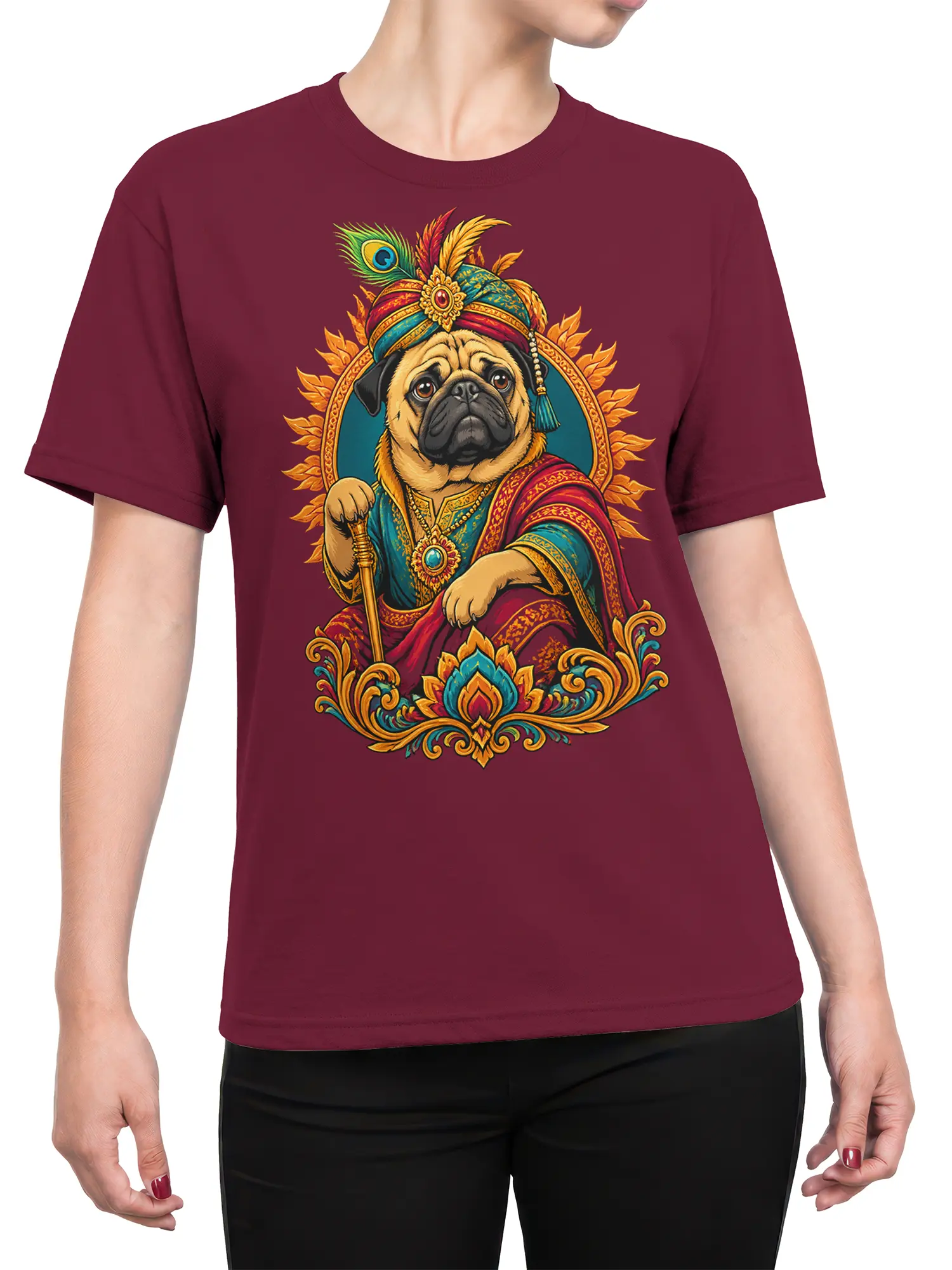 Female torso wearing a burgundy T-shirt with a colorful regal pug, turban, peacock feather, and staff