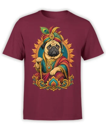 Regal pug graphic in ornate robes, jeweled turban, peacock feather, and staff on a burgundy T-shirt