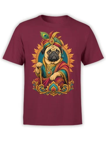 Regal pug graphic in ornate robes, jeweled turban, peacock feather, and staff on a burgundy T-shirt