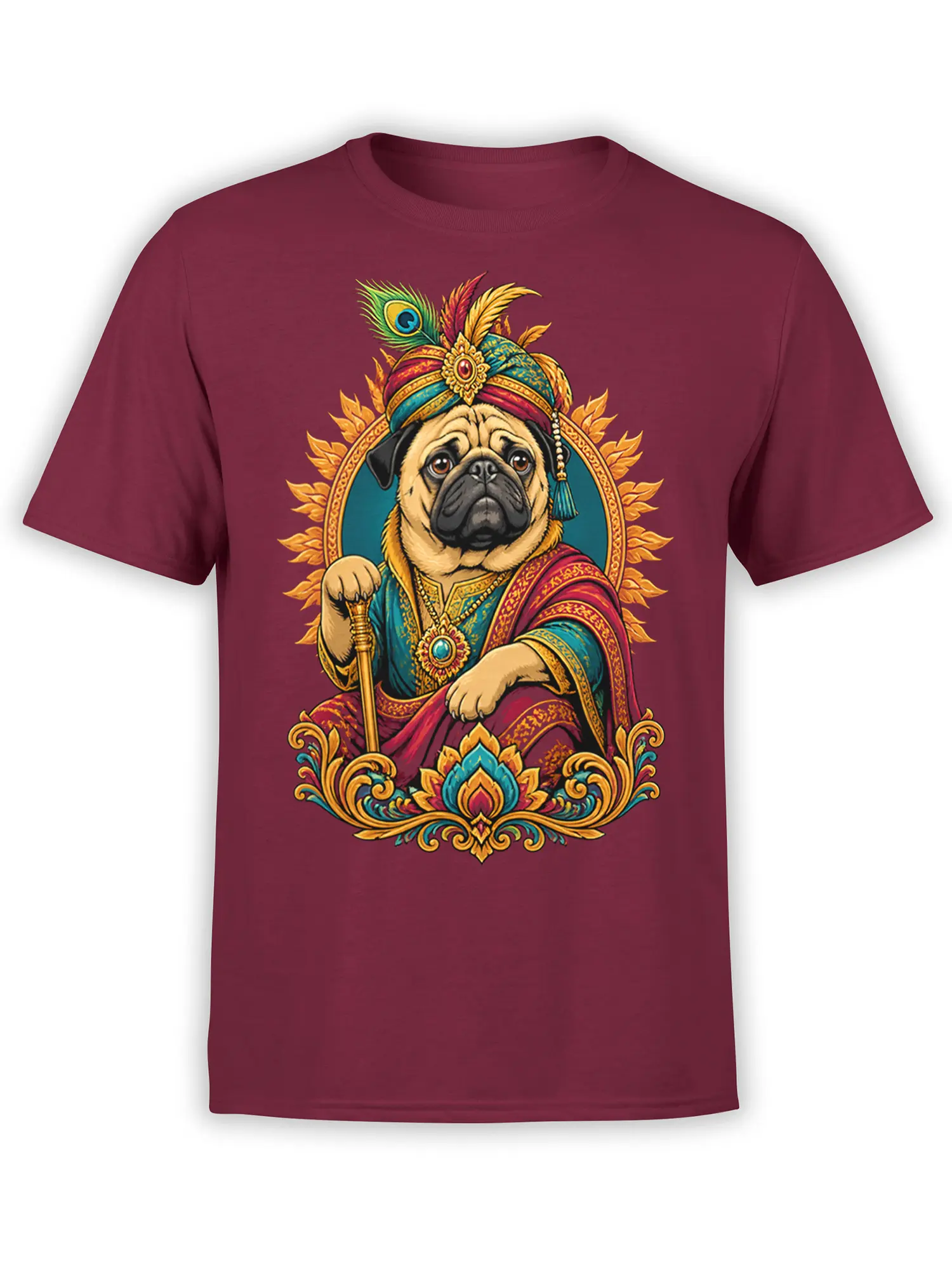 Regal pug graphic in ornate robes, jeweled turban, peacock feather, and staff on a burgundy T-shirt