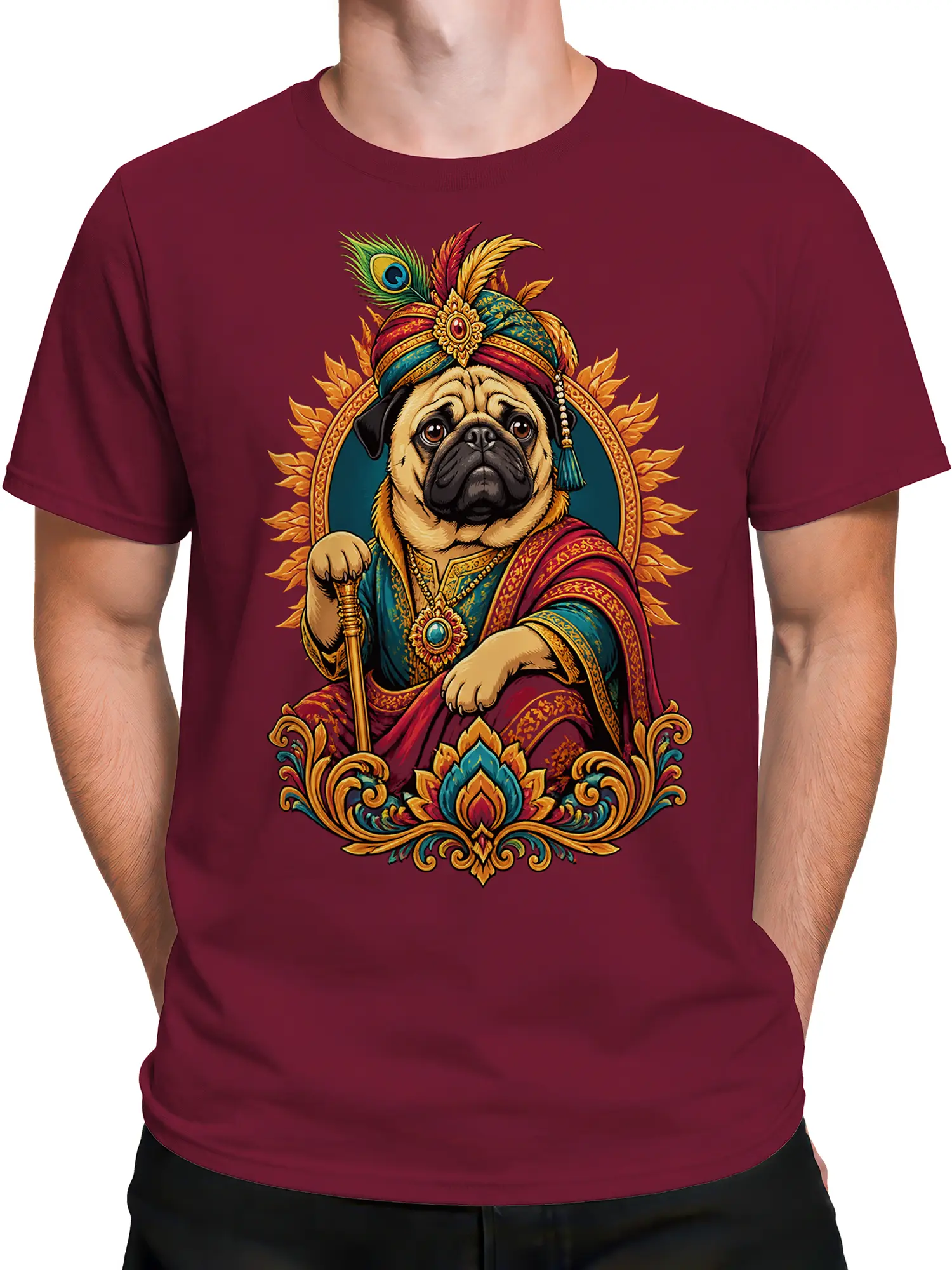 Male torso wearing a burgundy T-shirt featuring an ornate royal pug with a staff and peacock feather