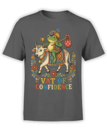 Gray T-shirt with a colorful frog riding a decorated cow and “VAT OF CONFIDENCE” lettering
