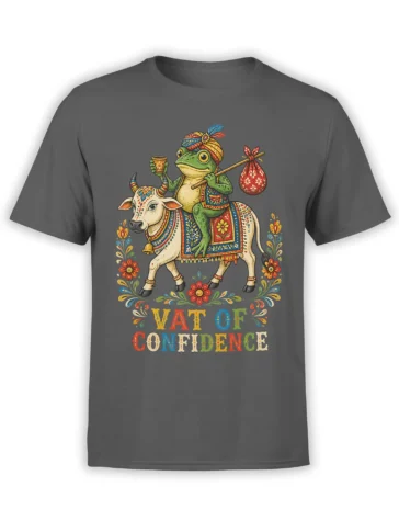 Gray T-shirt with a colorful frog riding a decorated cow and “VAT OF CONFIDENCE” lettering