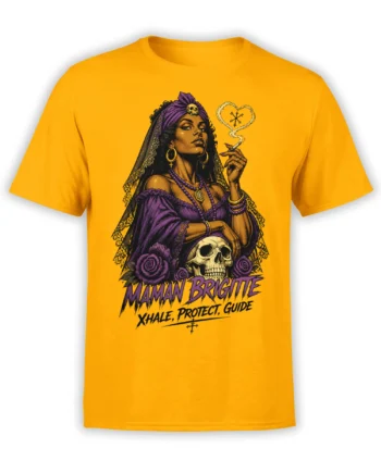 Orange T-shirt with a regal purple-clad woman, skull, roses, smoke heart, and MAMAN BRIGITTE graphic