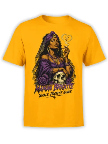 Orange T-shirt with a regal purple-clad woman, skull, roses, smoke heart, and MAMAN BRIGITTE graphic