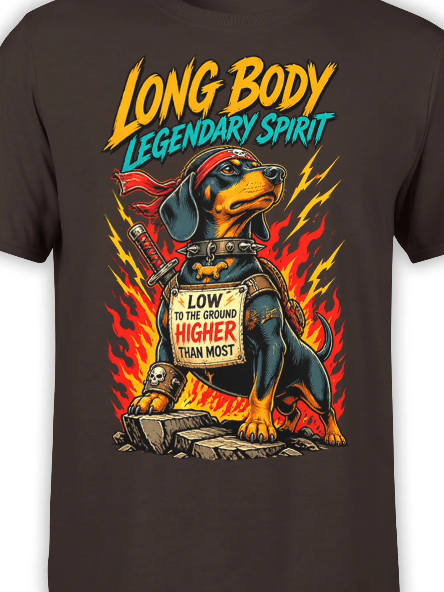 Close-up of long-bodied dog warrior artwork with sword, spiked collar, flames, lightning, and bold text on brown fabric