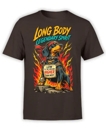 Brown dog warrior T-shirt with red bandana, sword, flames, lightning, and Long Body Legendary Spirit text