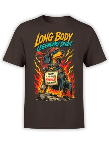 Brown dog warrior T-shirt with red bandana, sword, flames, lightning, and Long Body Legendary Spirit text