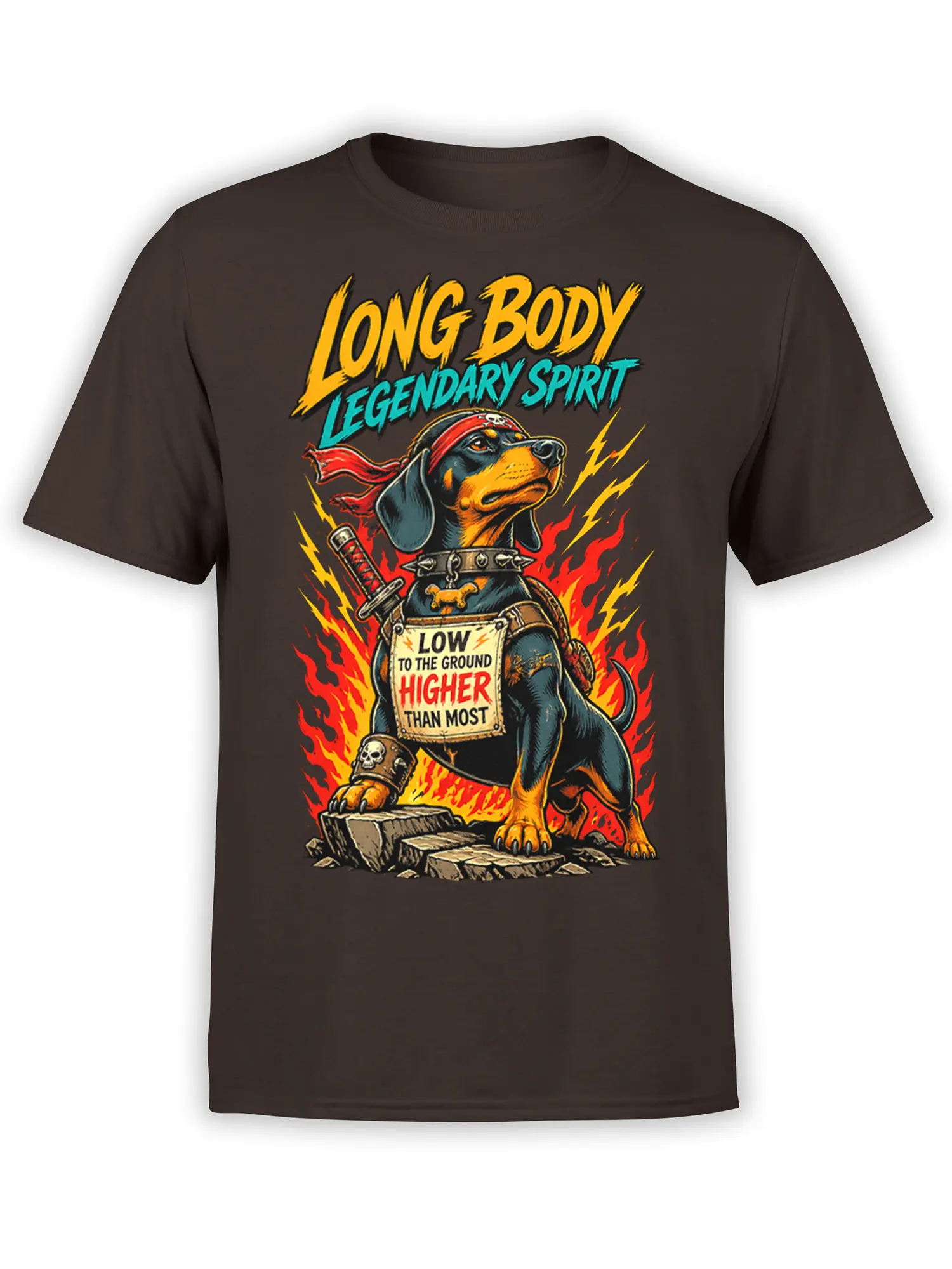 Brown dog warrior T-shirt with red bandana, sword, flames, lightning, and Long Body Legendary Spirit text