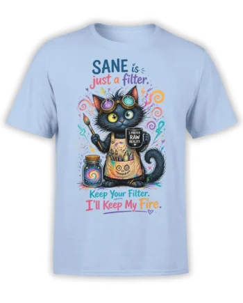 Colorful artist cat T-shirt in light blue with spiral goggles, paintbrush, art tools, and witty lettering