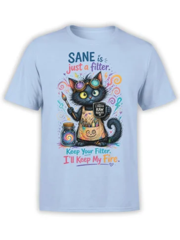 Colorful artist cat T-shirt in light blue with spiral goggles, paintbrush, art tools, and witty lettering