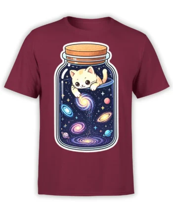 Cream cat peeking from a cosmic jar with colorful planets and galaxies on a burgundy T-shirt
