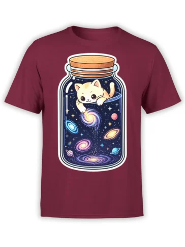 Cream cat peeking from a cosmic jar with colorful planets and galaxies on a burgundy T-shirt