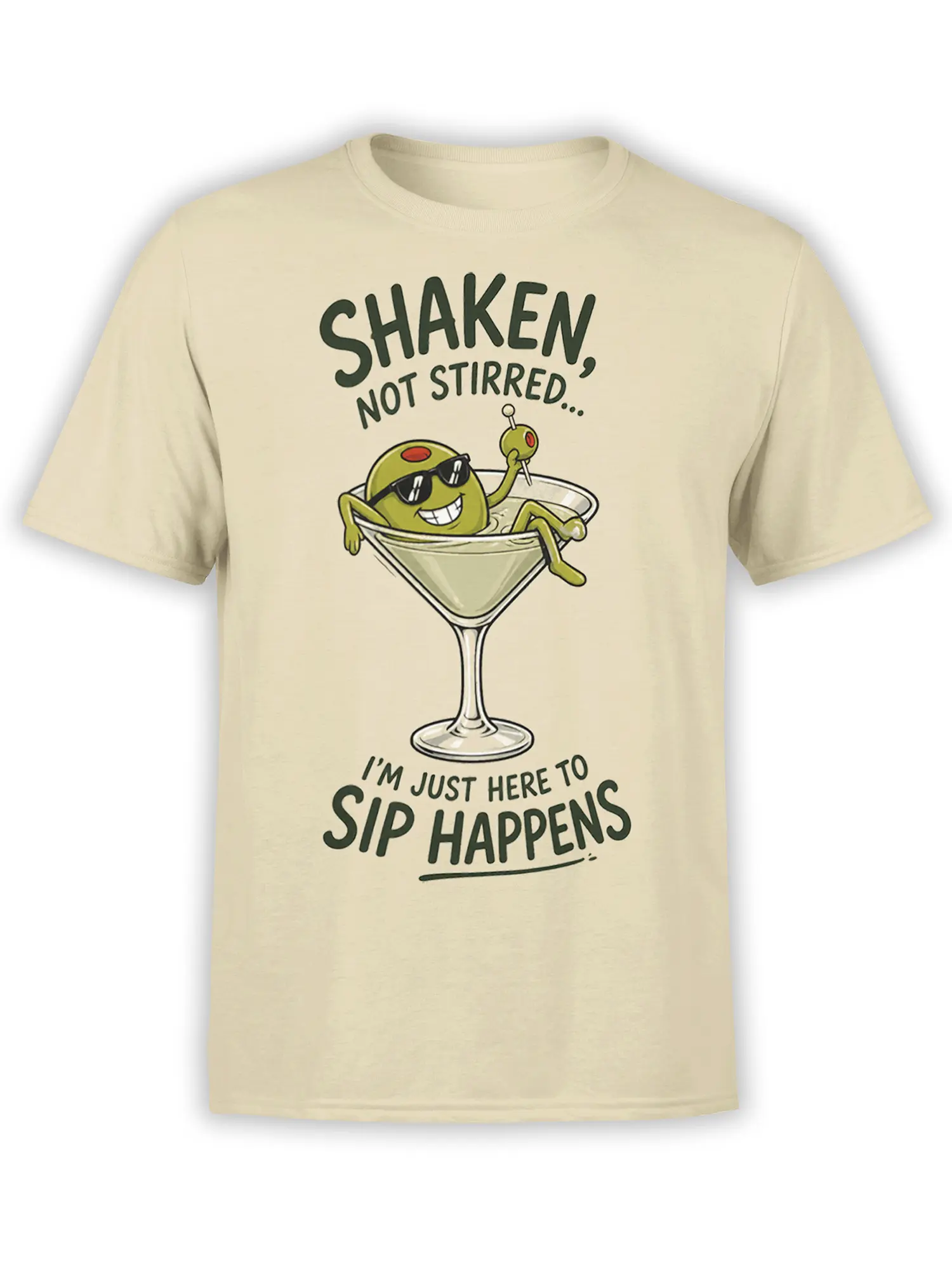 Beige martini graphic tee with a green olive in sunglasses and the text “Shaken, Not Stirred” and “Sip Happens”