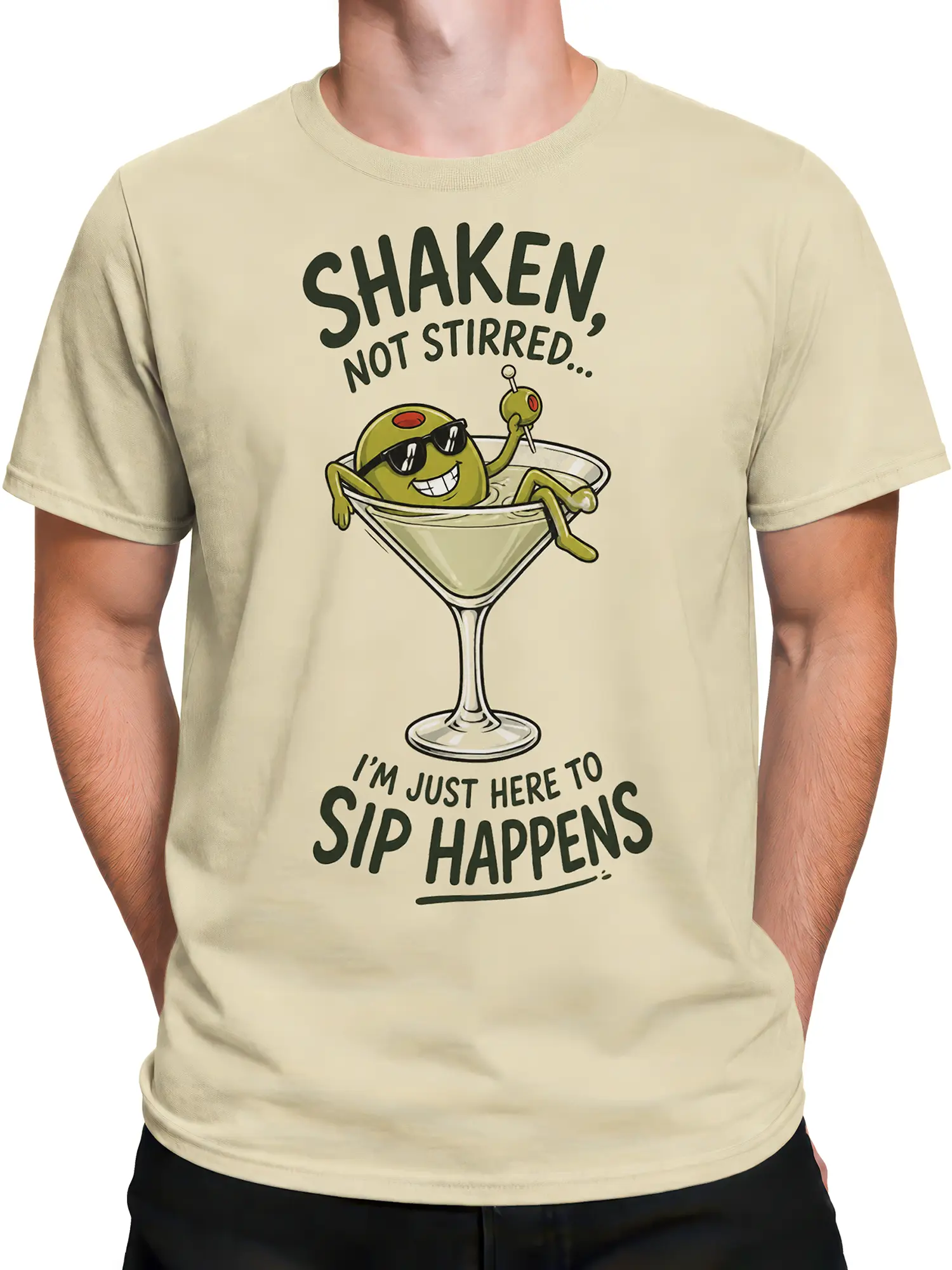 Male torso wearing a beige martini graphic tee with a green olive character and humorous cocktail lettering
