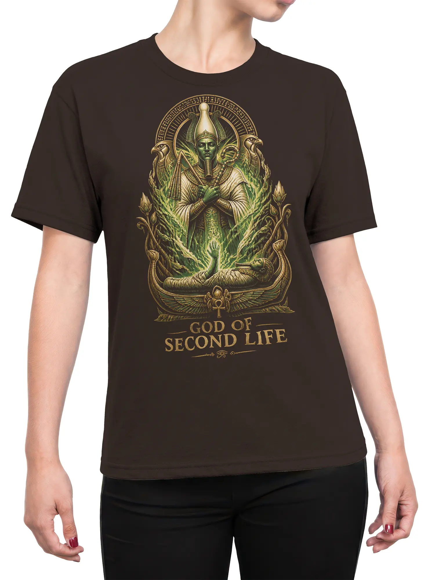 Female torso wearing a brown T-shirt with Egyptian-inspired deity artwork and God of Second Life lettering