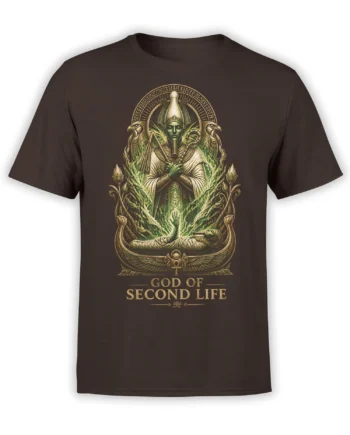 Brown T-shirt with Egyptian-inspired green deity, lotus flowers, bird figures, and God of Second Life text