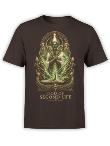 Brown T-shirt with Egyptian-inspired green deity, lotus flowers, bird figures, and God of Second Life text