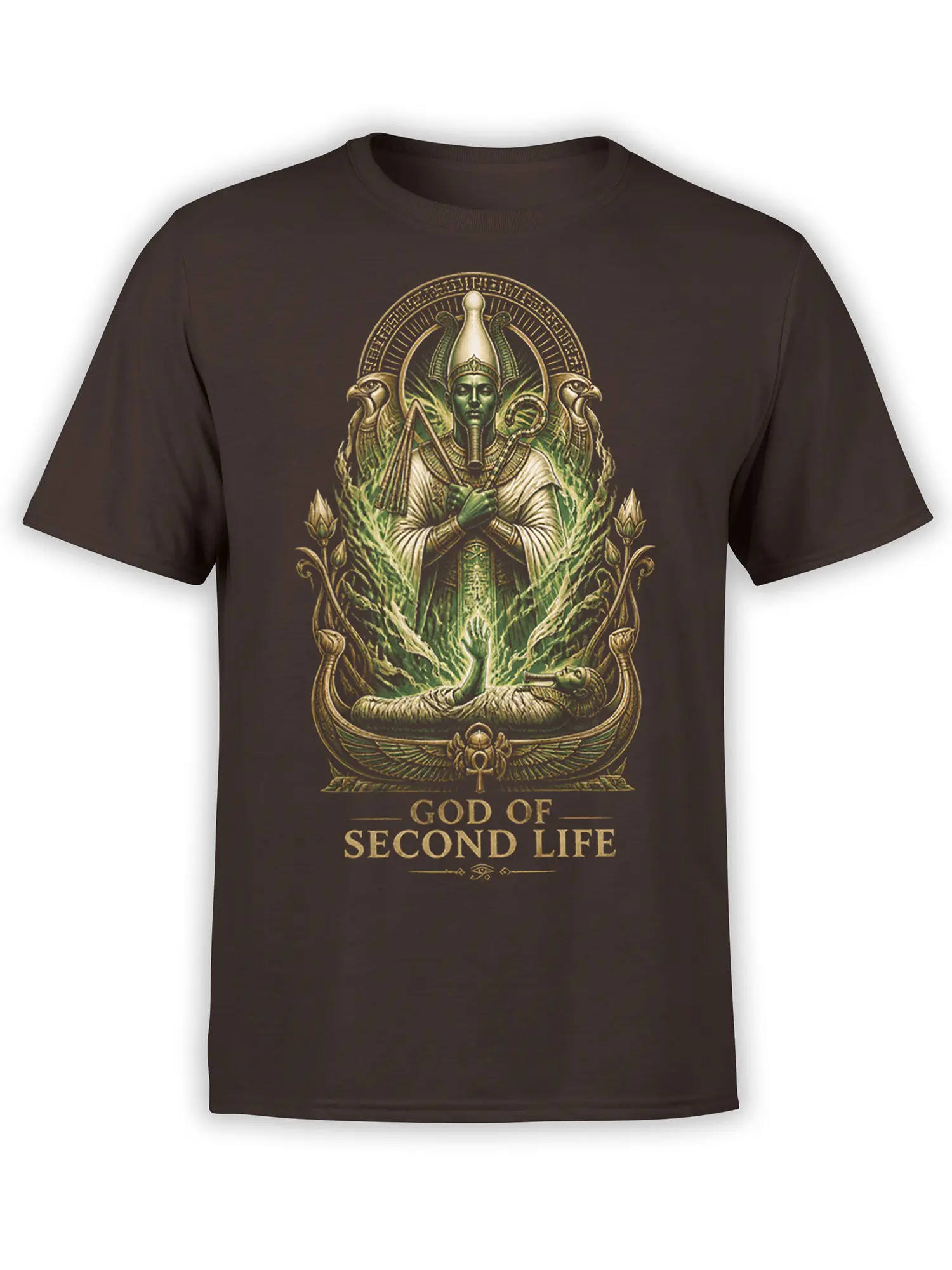 Brown T-shirt with Egyptian-inspired green deity, lotus flowers, bird figures, and God of Second Life text