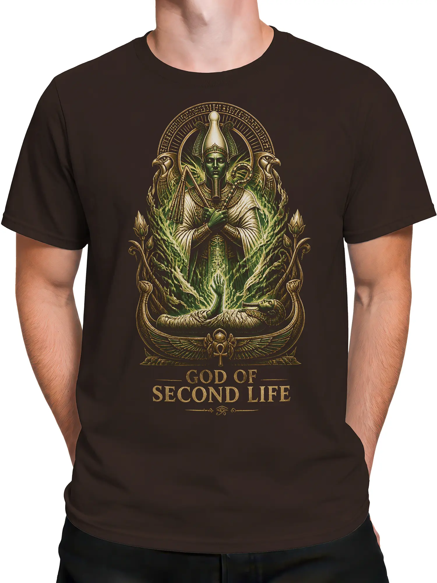 Male torso wearing a brown T-shirt with mystical Egyptian-inspired deity graphic and vintage lettering