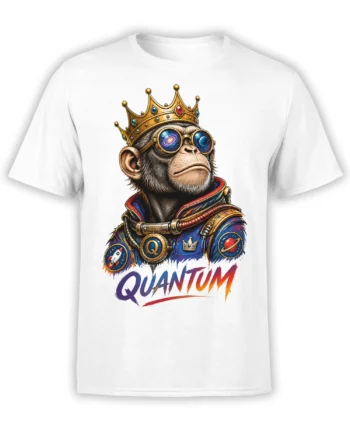 Crowned monkey in cosmic goggles and space suit with QUANTUM graphic on a white T-shirt