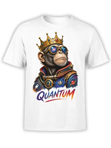 Crowned monkey in cosmic goggles and space suit with QUANTUM graphic on a white T-shirt
