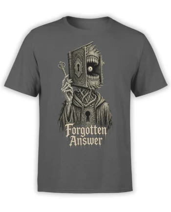 Gray T-shirt with a snarling book monster, skeletal hand, antique key, and Forgotten Answer gothic lettering
