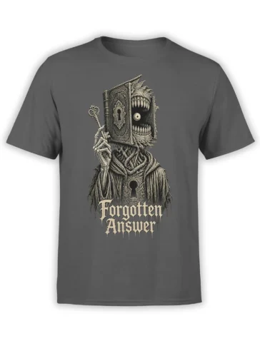 Gray T-shirt with a snarling book monster, skeletal hand, antique key, and Forgotten Answer gothic lettering