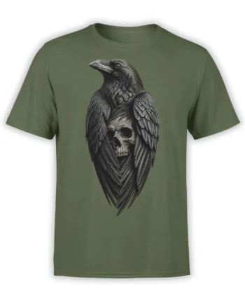 Olive green T-shirt featuring a detailed black raven wrapped around a human skull